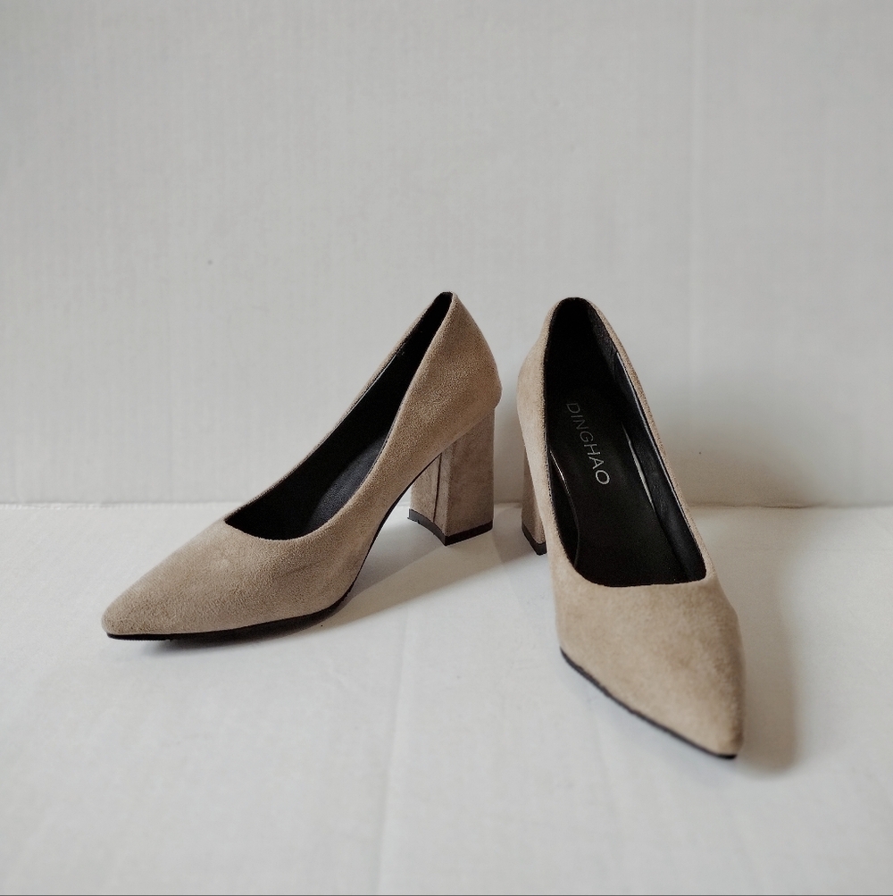Toe Pointed Beige Suede Block Heel/ Chunky Heels
